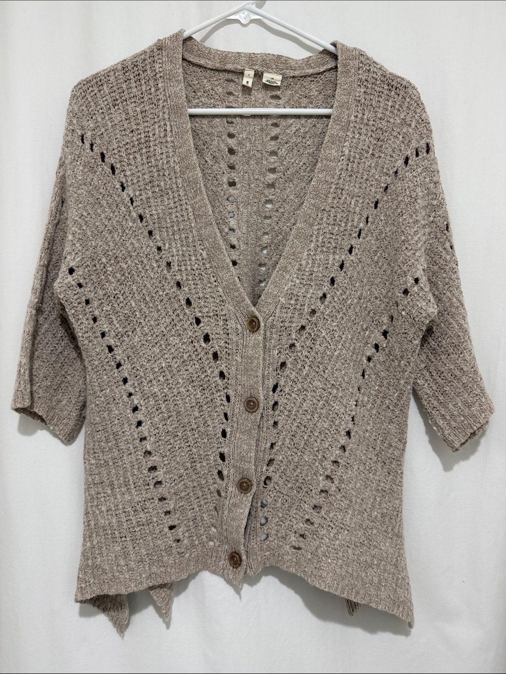 Anthropologie Moth Knit Taupe Cardigan Sweater Button Front Short Sleeve Size L - Picture 2 of 7